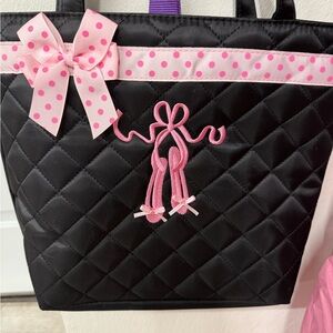 Black Quilted Tote with Pink Polka Dot Trim and Bow
